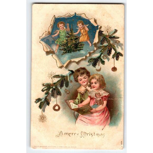 Christmas Postcard Cherub Angels Children Gold Ornaments Souvenir Post Card Co. - Picture 1 of 2